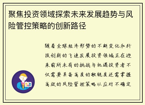 聚焦投资领域探索未来发展趋势与风险管控策略的创新路径