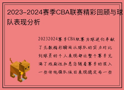 2023-2024赛季CBA联赛精彩回顾与球队表现分析
