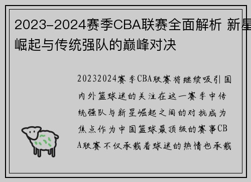 2023-2024赛季CBA联赛全面解析 新星崛起与传统强队的巅峰对决