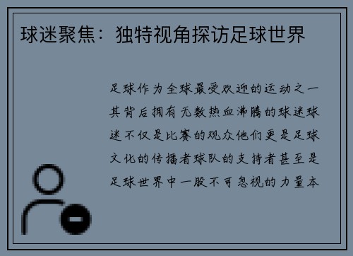 球迷聚焦：独特视角探访足球世界