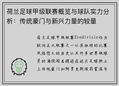 荷兰足球甲级联赛概览与球队实力分析：传统豪门与新兴力量的较量