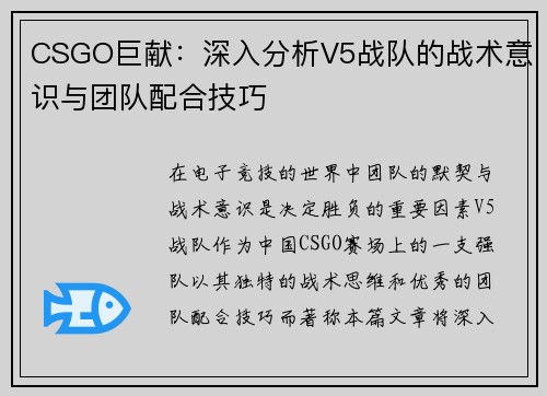 CSGO巨献：深入分析V5战队的战术意识与团队配合技巧
